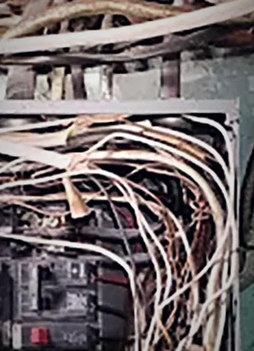 Aged, cloth-sheathed wiring crowded over an old breaker panel